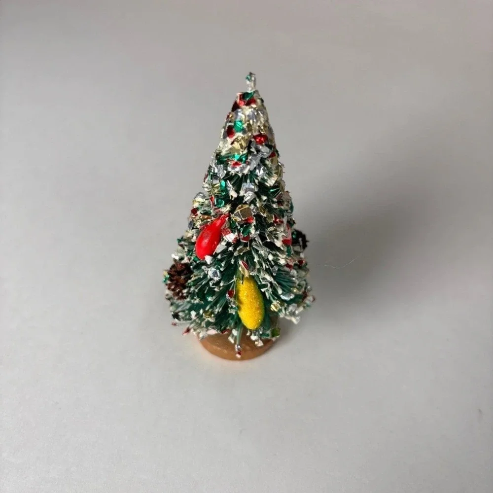 Vintage MCM Christmas Tree Bottle Brush Fruit Pinecone Miniature Wood Base 3.75